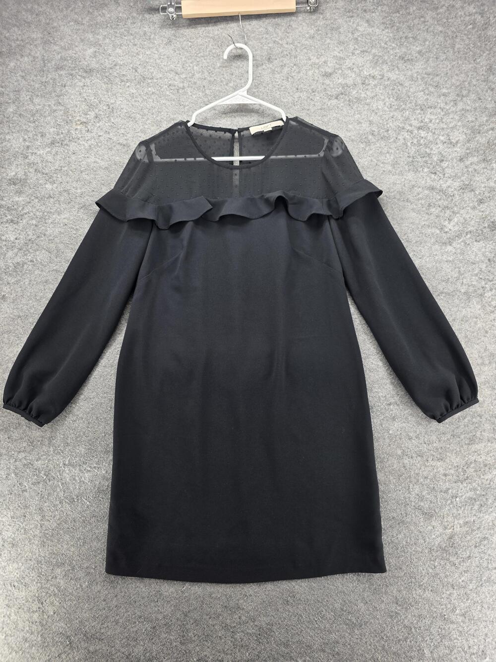 LOFT Dress Womens 2 Black Sheer Yoke Ruffle Long Sleeve Shift Party Cocktail